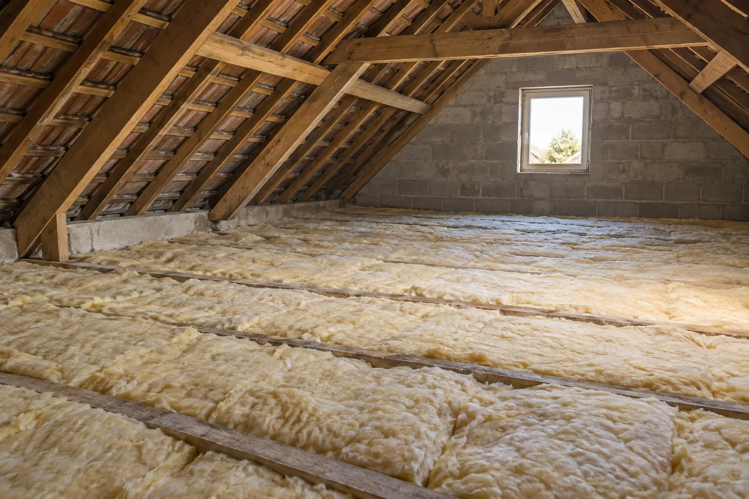 Illustration photographique d'un comble non habitable avec des rouleaux d'isolant sur le plancher